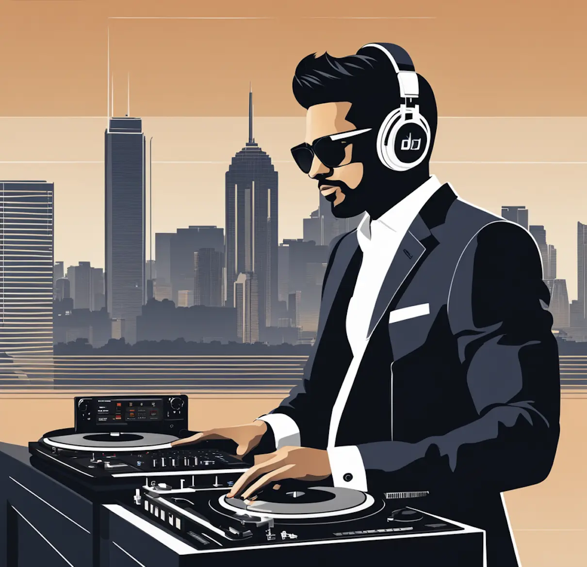 dallas corporate DJ cartoon and Dallas skyline