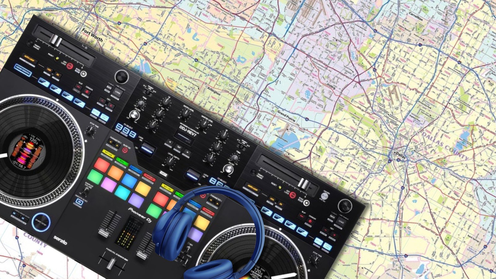 dj services near me map of DFW and DJ controller with blue headphones on top